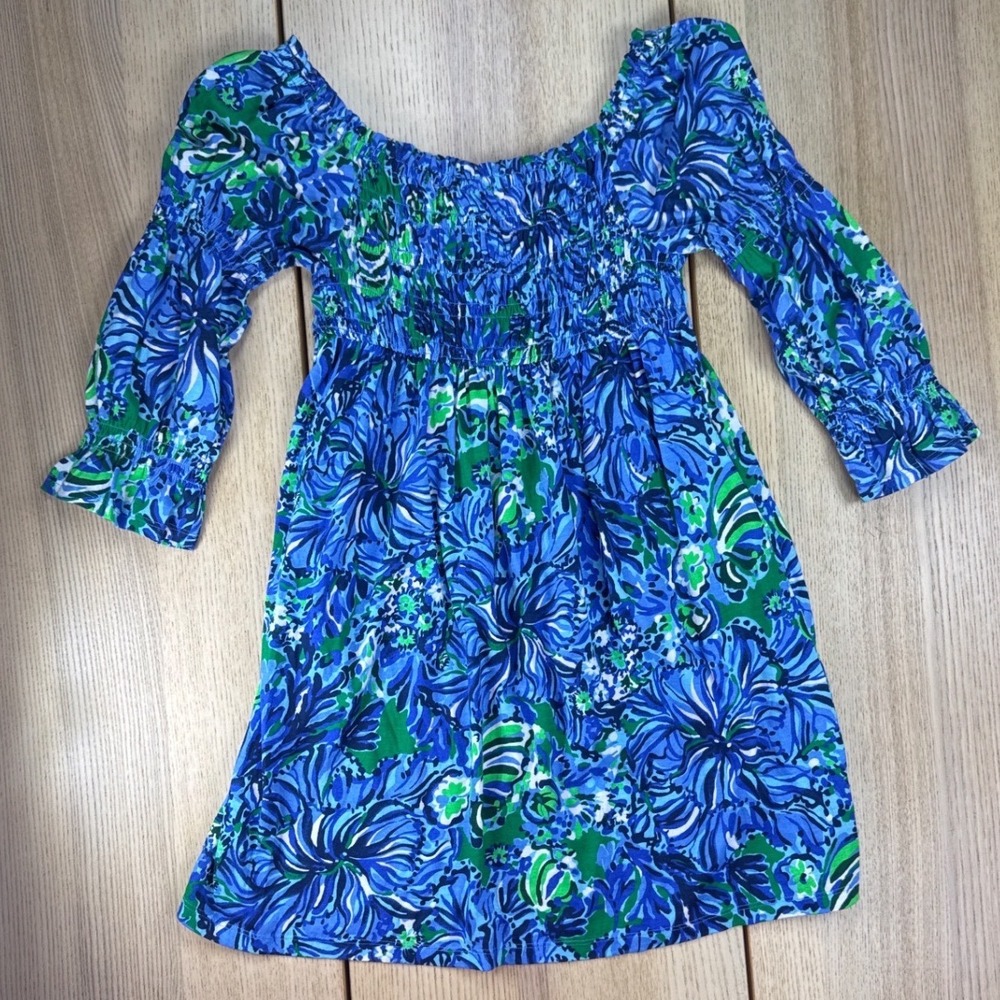 Lilly Pulitzer Girls Blue Green Floral Smocked Dress Tunic Top Size Large L